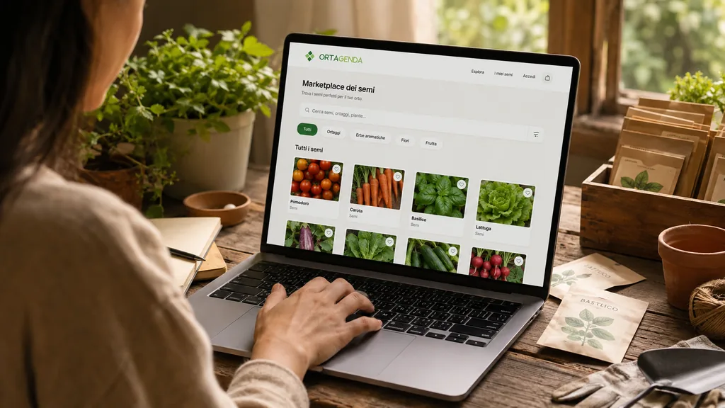 Immagine generata con IA: donna al computer portatile sfoglia il catalogo dei semi disponibili, organizzato per categoria di coltura.