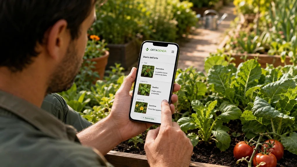 Immagine generata con IA: uomo tra le aiuole consulta sullo smartphone il diario dell'orto con le foto e le note delle piante.