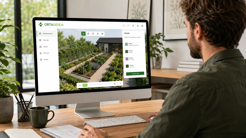 Immagine generata con IA: schermo di computer con l'editor 3D di Ortagenda aperto sulla progettazione di un giardino, vista isometrica della casa, dei percorsi e delle aiuole, con il pannello di gestione delle aiuole a lato.