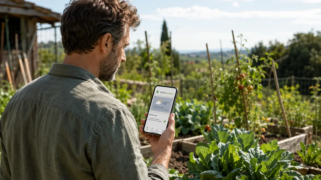 Immagine generata con IA: uomo tra le aiuole controlla sullo smartphone le condizioni meteo e i promemoria del giorno.