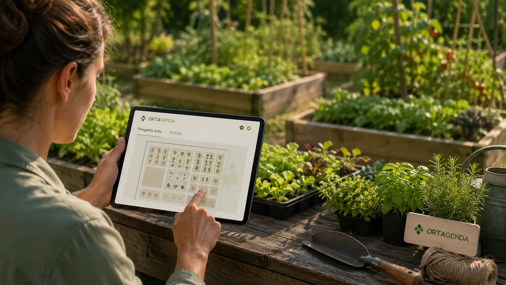 Immagine generata con IA: donna in un orto controlla su tablet la disposizione delle aiuole, nella scheda Progetto orto dell'app.